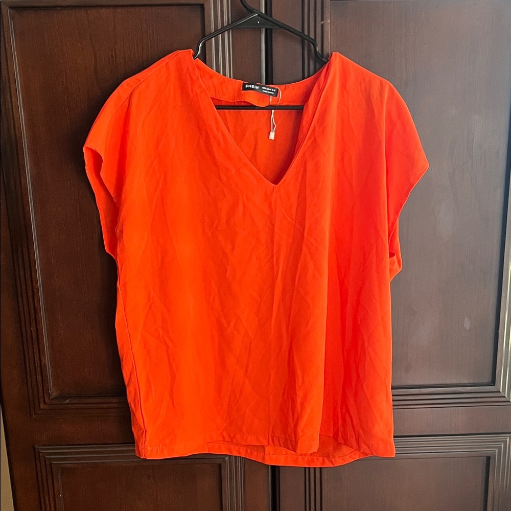 SHEIN Women's Vibrant Orange V-Neck Blouse